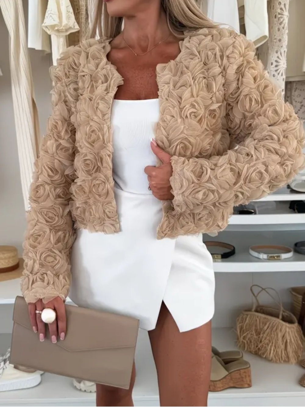 Women's Floral Appliqué Cropped Jacket in Beige
